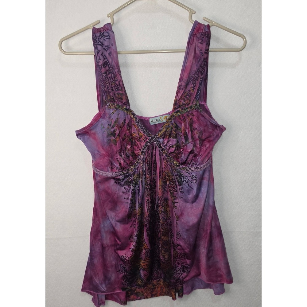 Womens Purple Tie Dye Paisley Braided Trim Tank Top Small